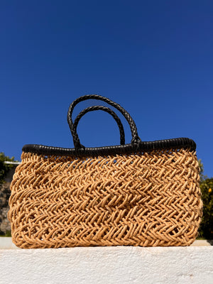 ROPE AND LEATHER BASKET LONG BLACK S