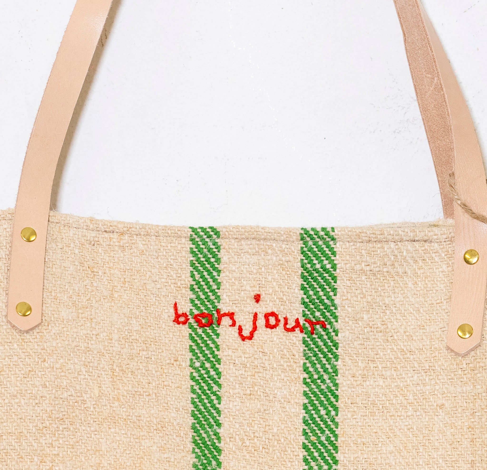 OLD SACK, NEW EMBROIDERY BONJOUR GREEN STRIPE