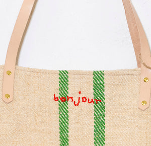 OLD SACK, NEW EMBROIDERY BONJOUR GREEN STRIPE