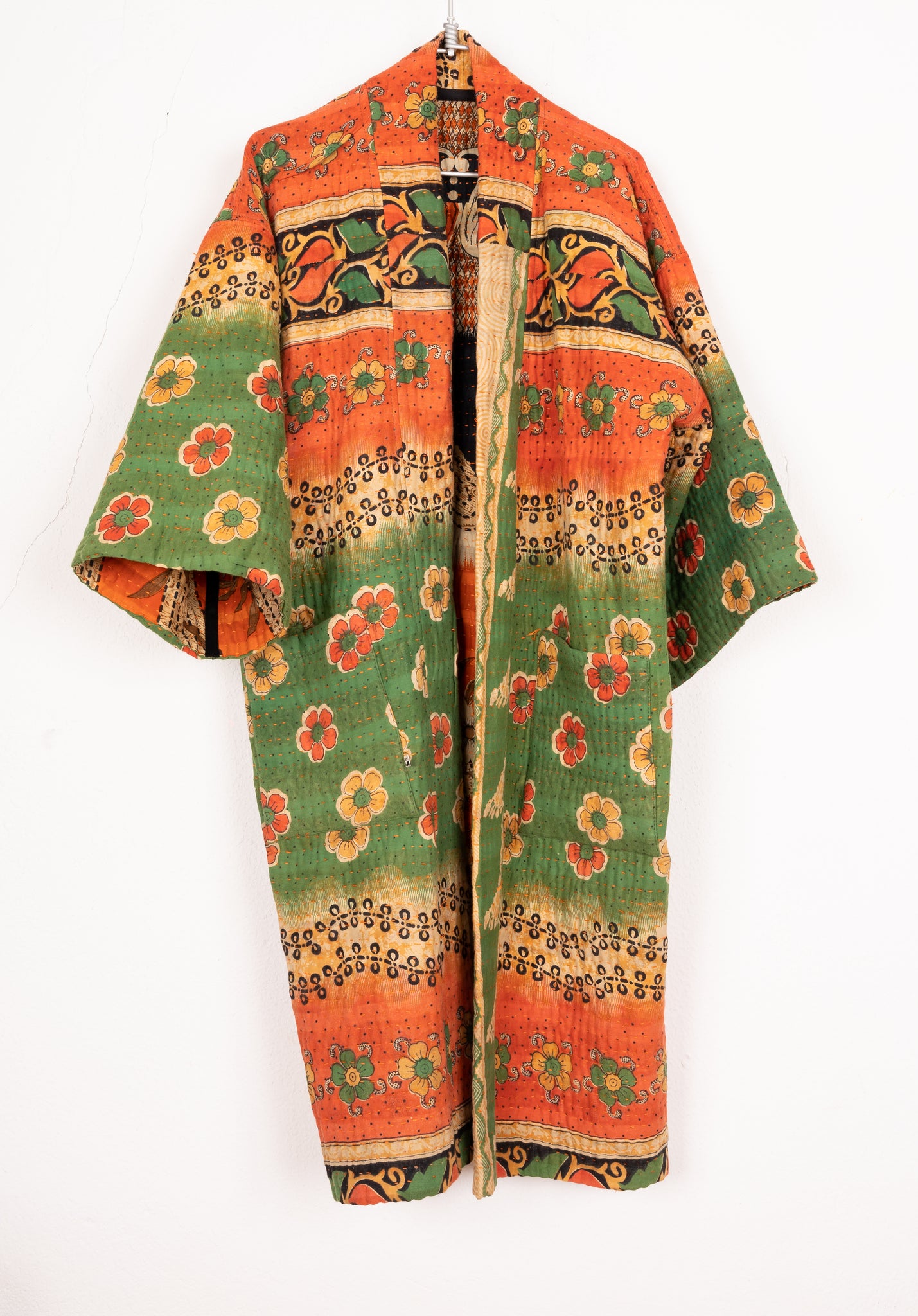 KIMONO DE SARIS FLORES EN NARAJAS Y VERDES