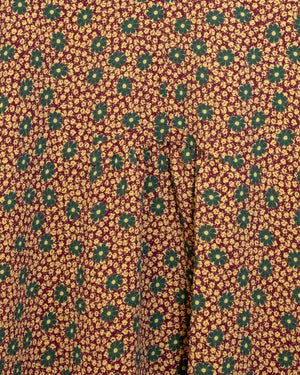 VESTIDO MIDI ROMÁNTICO GRANA CON FLORES VERDES